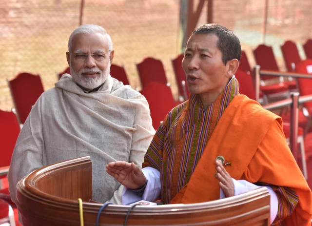 Prime Minister Narendra Modi with Bhutan Prime Minister Lotay Tshering. (Sanjeev Verma/Hindustan Times via Getty Images)