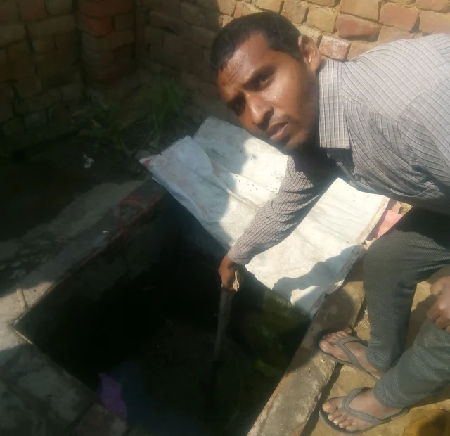 Yogendra showing the cement tank (<i>Swarajya</i>)