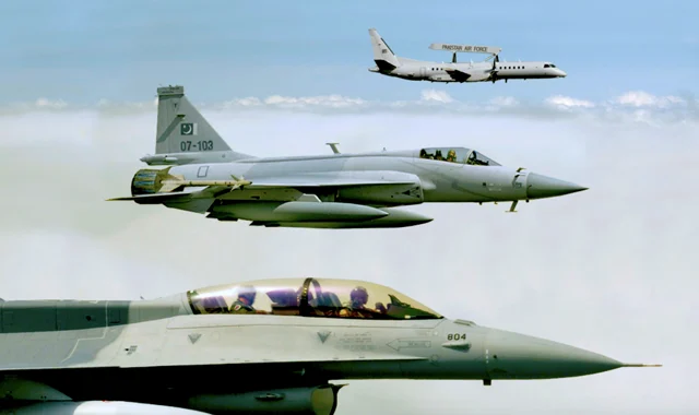 An F-16 of the PAF flying with a JF-17 and a Saab 2000 ERIEYE AEW&C aircraft.