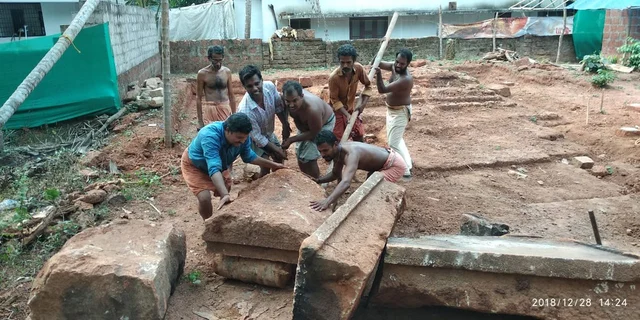 Old foundation stones of the temple being mobilised for restoration. 