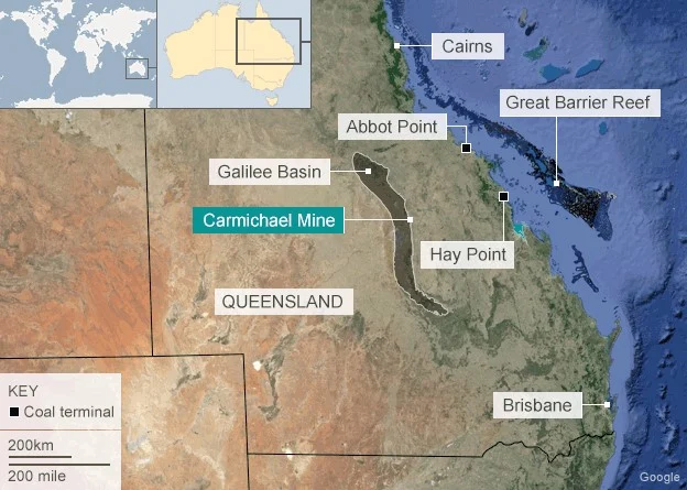 Location of the Carmichael Mine, Abbot Point, the Great Barrier Reef. 