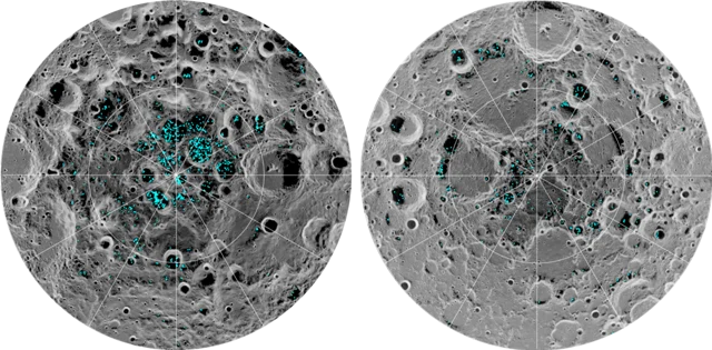 Distribution of ice at moon’s south pole (left) and north pole (right), detected by NASA’s Moon Mineralogy Mapper instrument. (NASA)