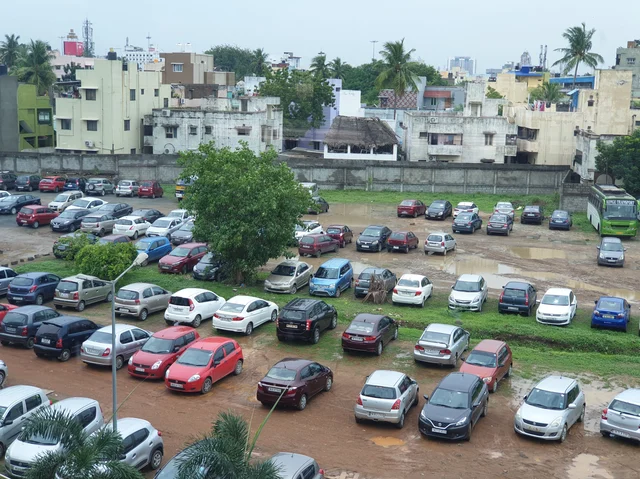 The parking lot for four-wheelers at Koyambedu. Poor maintenance forces those managing the lot to turn away commuters on days when it rains in the city. 
