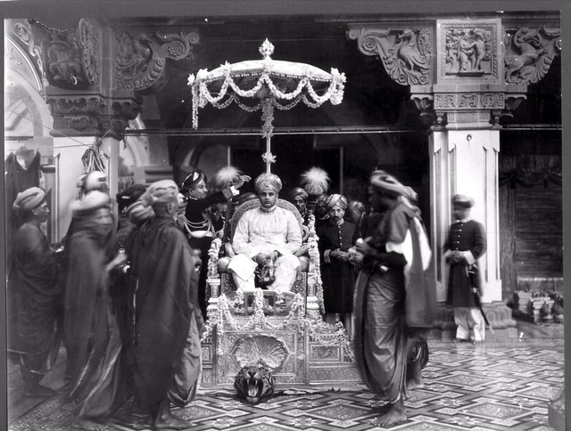The coronation of Jaya Chamaraja Wadiyar sitting on the Bhadrasana.