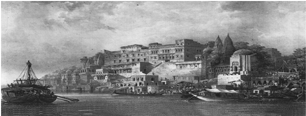 <b>An early scene at Dashashwamedh Ghat, Artist: James Prinsep (1830)</b>