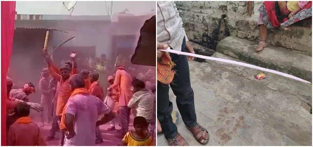 (Left) Still from a video of procession. (Right) A boy shows a sword used in procession 