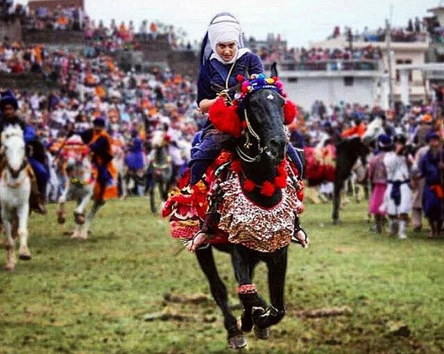 Harsangat Raj Kaur, a female Nihang (Singhani) riding a horse in Hola Mohalla festival (Source: @KaurLifeOnline /Twitter)