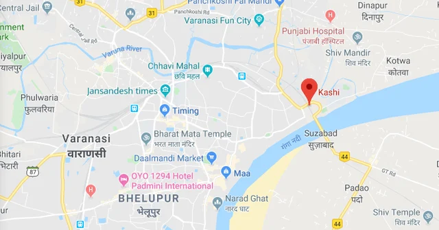 <b>Location of the ancient city of Kasi in the context of current day city called Varanasi.</b>