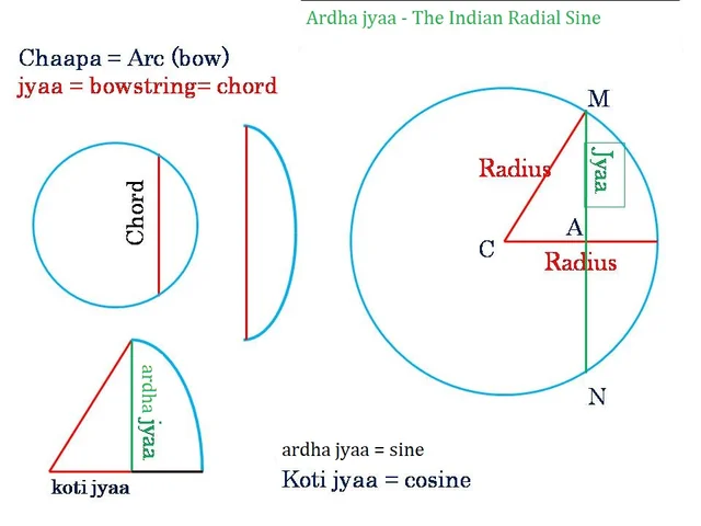 The Indian sine was the radial sine, called the ardha-jyaa (half-bowstring).