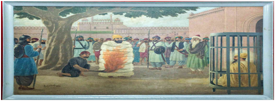 Bhai Sati Das being burned to death on Aurangzeb’s orders. Image courtesy: Museums of India, https://www.museumsofindia.org/museum/364/bhai-mati-das-sati-das-museum 