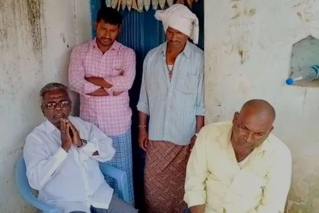 The person on extreme right is Teku Gopi, husband of the victim. The person on the chair is village <i>sarpanch </i>Gangaram.