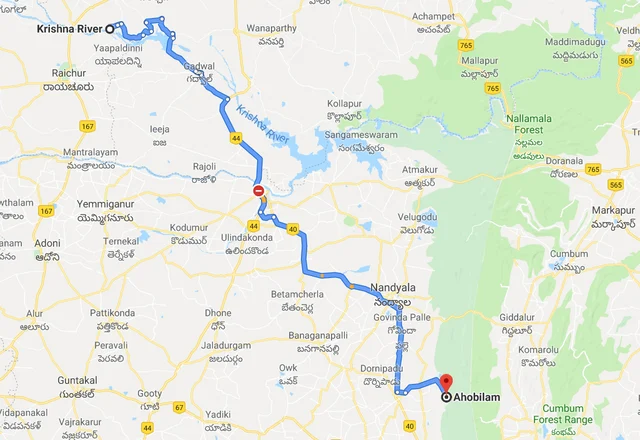 A map displaying the distance from the Krishna River to Ahobilam. (Credit - Google Maps)