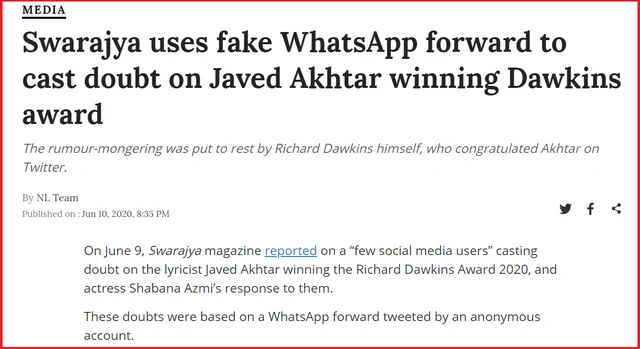 Did Swarajya ‘Cast Doubt’ On Javed Akhtar Winning Richard Dawkins Award? No. Here’s How Newslaundry Misled Its Readers