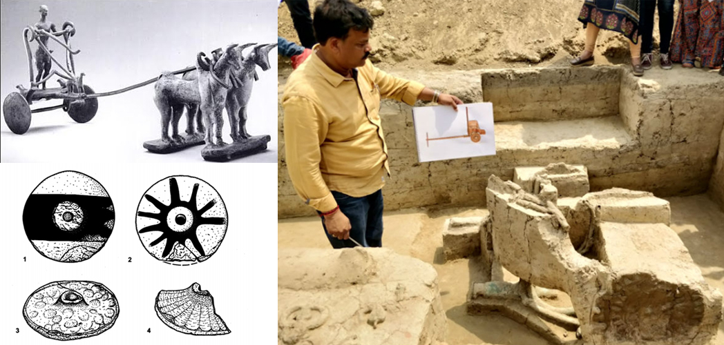 (left top: Harappan chariot bronze model, Delhi Museum ; left bottom: Harappan wheels including wheels with spokes (Kenoyer); Right: The recent discovery of chariot in the burial) 