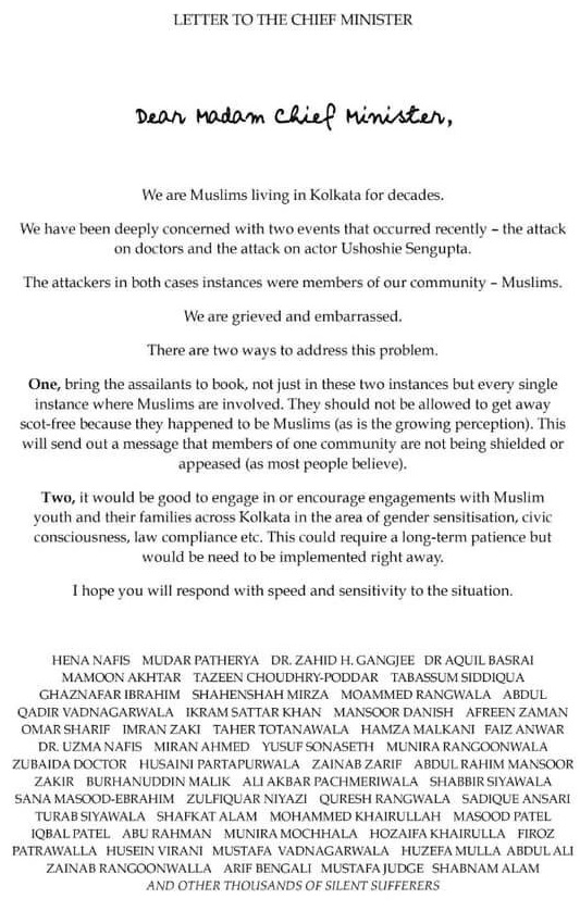 Open letter sent to Mamata by notable Muslims of Kolkata