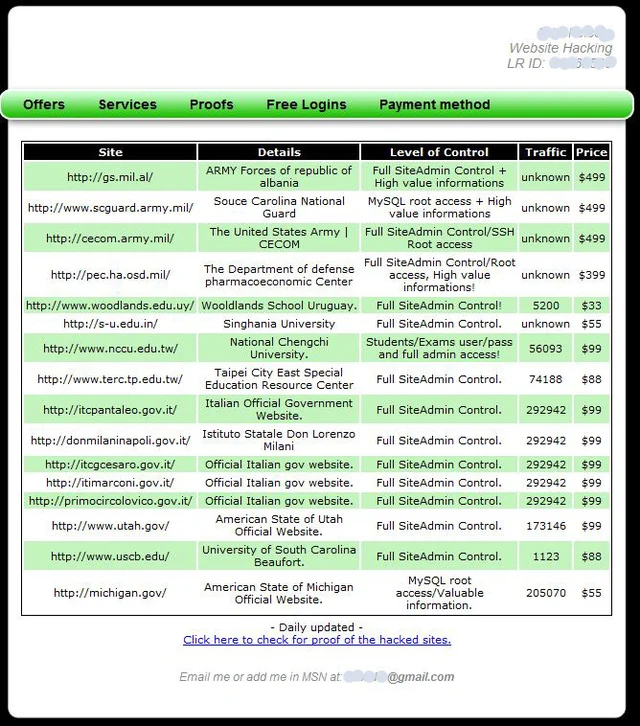 For sale: Hacked military and government websites
