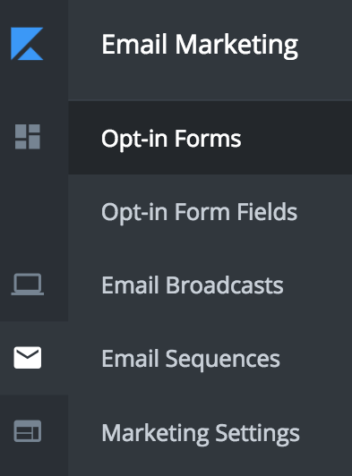 (Kajabi’s email marketing submenus.)