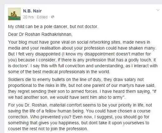 Screenshot of Facebook user NB Nair’s angry post against Dr Roshan’s blog.