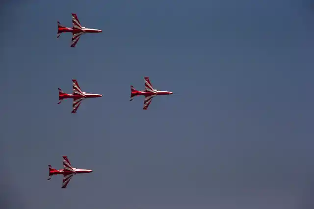 Indian Air Force Suryakirans comprising four Hawks fly in a formation during the Air Force Day parade. (Photo: AP)