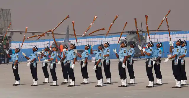 Indian Air Force Air Warrior Drill team display their skills during the Air Force Day parade. (Photo: AP)