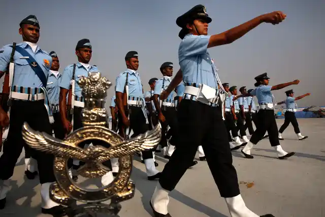 Indian Air Force women officers lead a marching contingent during the Indian Air Force Day parade. (Photo: AP)