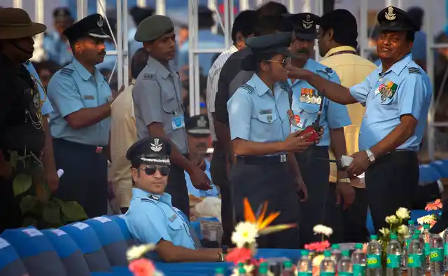 Former Indian cricketer and honorary Indian Air Force officer Sachin Tendulkar (seated) attends the Air Force Day parade at the Hindon Air Force base near New Delhi. (Photo: AP)