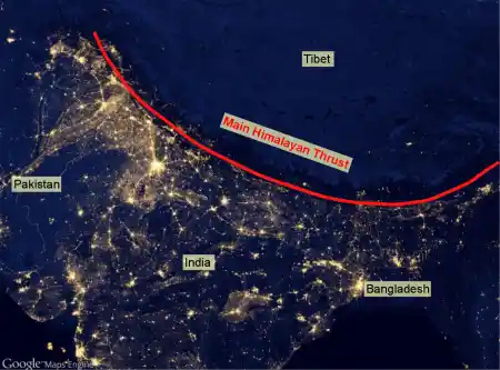 The high density of population living in the shadows of the Himalayas as shown by the nighttime lights. (Photo: Google Maps Engine)