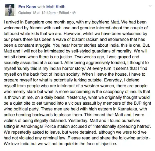 Matt Keith’s girlfriend Emily Kassianou’s Facebook post about the incident