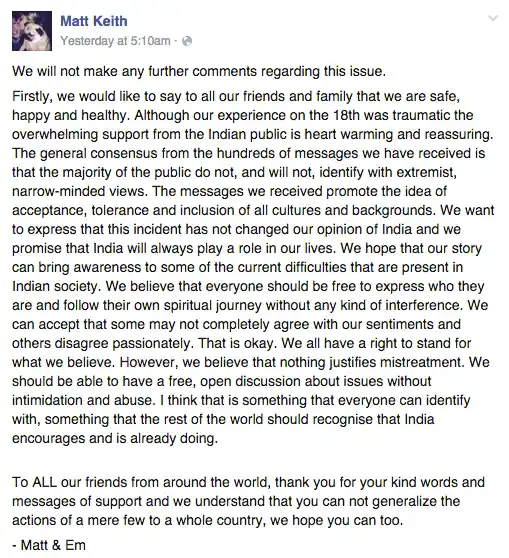 Matt Keith’s latest Facebook post on the incident