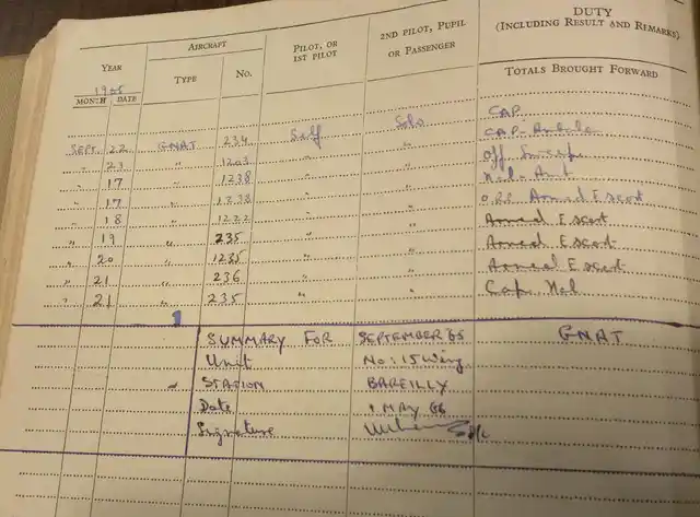 Crucial page from Flt Lt Kamal Khanna’s Flying Log Book - 20 Sept 1965. ‘1235 Hours, Armed Escort.’