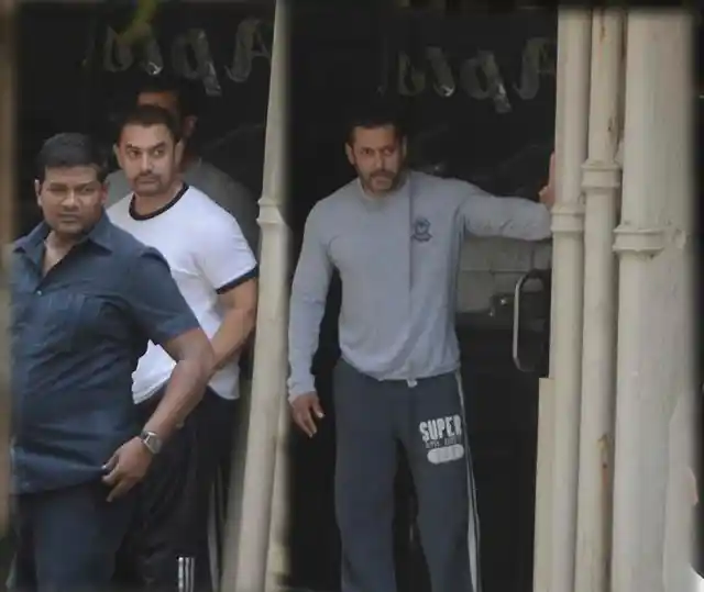 Aamir Khan and Salman Khan near Salman’s residence in Mumbai on May 8, 2015. (Photo: Yogen Shah)