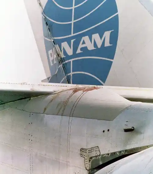 Bloodstain is seen on one of the wings of the Pan Am jetliner on the Karachi Airport, Pakistan on 6 September 1986. (Photo: AP)
