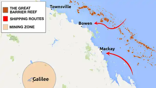 The location of the mine and coal shipping routes could threaten Australia’s Great Barrier Reef. (Image: <b>The Quint</b>)