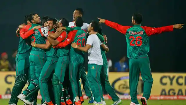 The Bangladesh team celebrate after beating Pakistan in the Asia Cup. (Photo: AP)