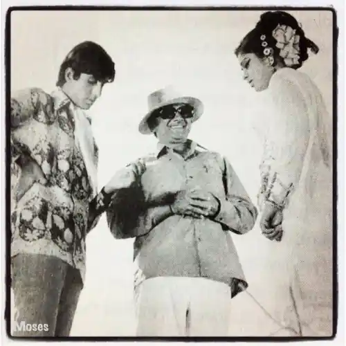 Amitabh Bachchan and Aruna Irani chat with S Ramanathan on the sets of <i>Bombay to Goa</i> (Photo: srbachchan.tumblr.com)