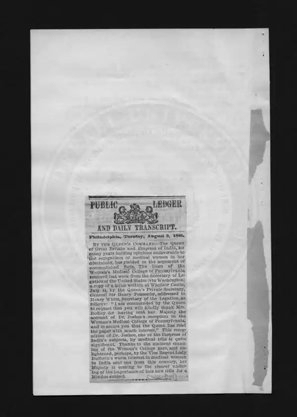 Proudly framed in the college archives, Anandi Joshi’s achievement gets a thumbs up from Queen Victoria.