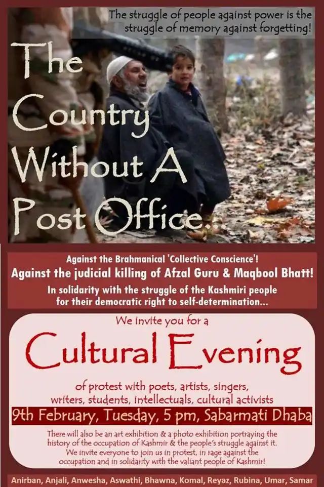 Poster from 9th February JNU event ‘against the judicial killing’ of Maqbool Butt. (Photo Courtesy: The Country Without a Post Office Facebook page)