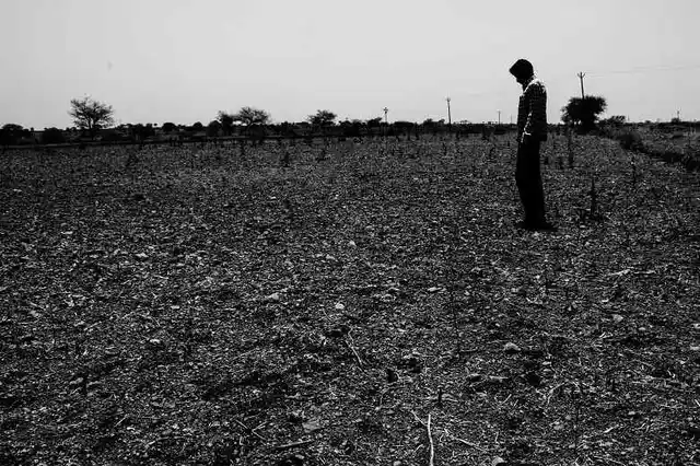 A farmer inspects his damaged soyabean crop after a prolonged drought in the village of Murud Akola in Marathwada. (Photo: Ameya Marathe, curated by Nikhil Inamdar)