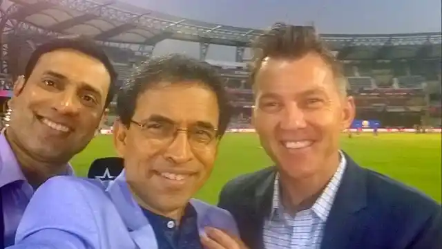 Harsha Bhogle (Center) with fellow commentators VVS Laxman and Brett Lee during World T20. (Photo: Twitter/BhogleHarsha)