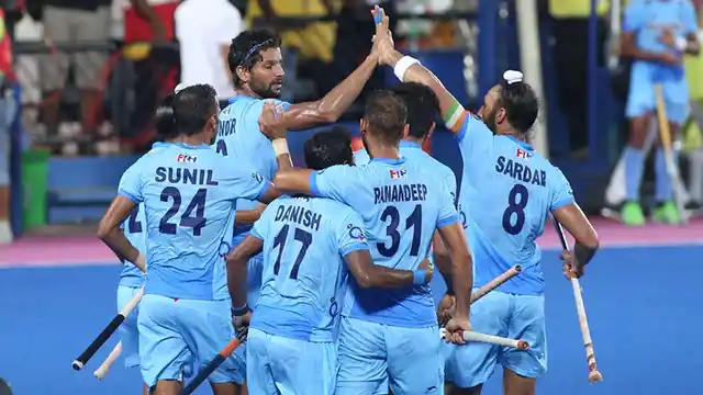 Rupinder Pal Singh celebrates with his teammates after scoring a goal. (Photo: Hockey India)