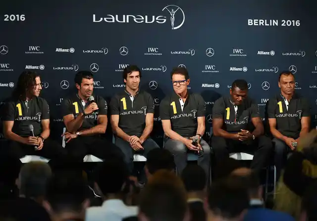 (L-R) Laureus World Sports Academy members Carles Puyol,Luis Figo,Raul with Laureus Ambassador Fabio Capello and Laureus World Sports Academy members Marcel Desailly and Cafu during the Football press conference prior to the 2016 Laureus World Sports Awards (Photo by Tom Dulat/Getty Images for Laureus)