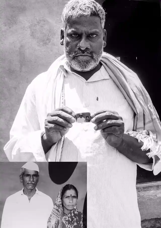 A relative of Mali shows his only photograph. With him in the picture, is his widowed wife in better times. (Photo: Ameya Marathe, curated by Nikhil Inamdar)