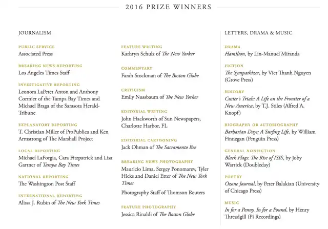 The list of Pulitzer Winners 2016. (Photo Courtesy: Pulitzer <a href="http://www.pulitzer.org/">Website</a> screengrab)