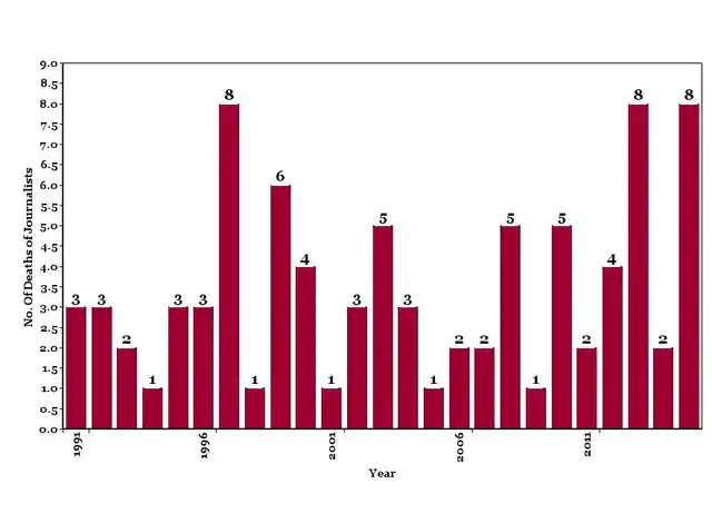 Number of Deaths of Journalists (Media Workers and Family included) between 1991 and 2015, as collated by the Press Council of India in its report on Safety of Journalists. (Graph: <b>The Quint</b>/Pallavi Prasad)