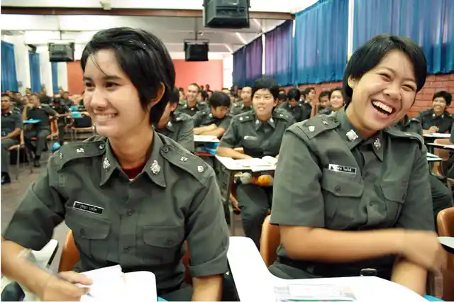 Thai police cadets enjoy a light moment as they attend a training on ending violence against women and girls, geared towards enabling more effective response to such crimes. Data from 40 countries shows a positive correlation between the proportion of female police and reporting rates of sexual assault. (Photo Courtesy: UN Women/Montira Narkvichien)
