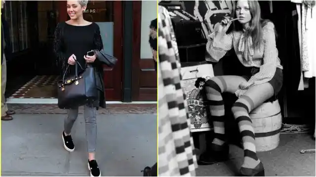 Miley Cyrus (left), long stockings often accompanied platform shoes in the past. (Photo Courtesy: Pinterest.com)