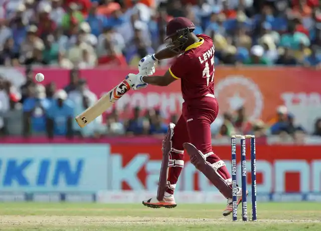 West Indies’ Evin Lewis bats during the first Twenty20 international cricket match against India. (Photo: AP)