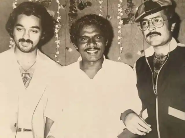 Kamal Haasan and Rajesh Khanna with director P Bharati Raja at the <i>mahurat</i> of <i>Red Rose.</i> (Photo courtesy: <a href="http://www.apnironaq.com/440024-remembering-enigmatic-rajesh-khanna-4th-death-anniversary.html">www.apnironaq.com</a>)