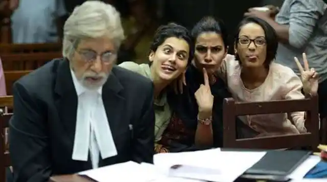 Bachchan is all serious while the <i>Pink </i>girls get goofy. (Photo courtesy: Twitter) 