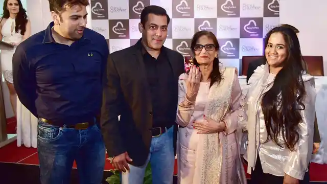 Salman Khan poses with his mother, Salma, and sister, Arpita Khan Sharma, at the launch of Being Human’s jewellery line in 2016. 